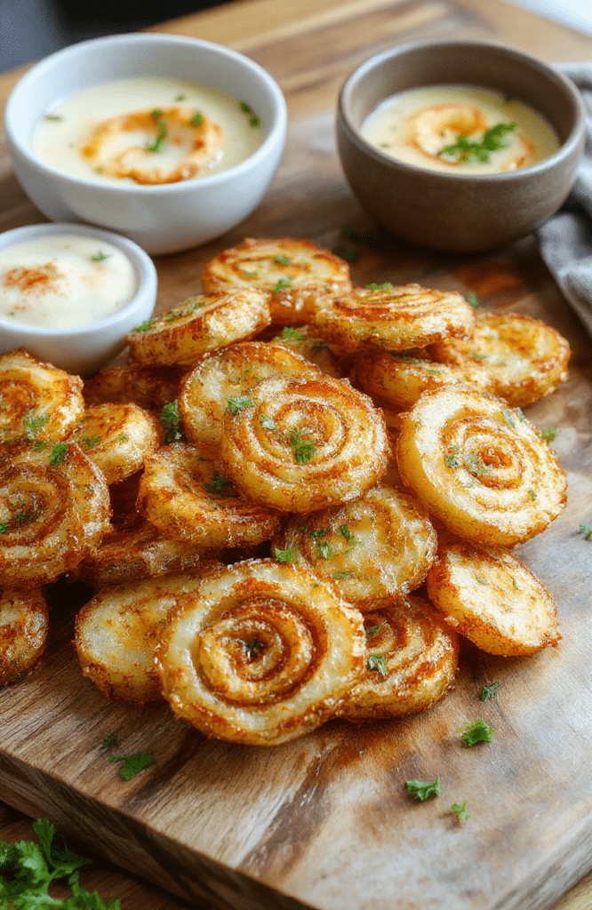Golden crispy tornado potatoes, spiral-cut and oven-baked to a crisp edge with a fluffy center, arranged on a rustic wooden board, sprinkled with parsley, and served with a small bowl of aioli for dipping; the plate glistens with light oil and herbs, inviting and party-ready.