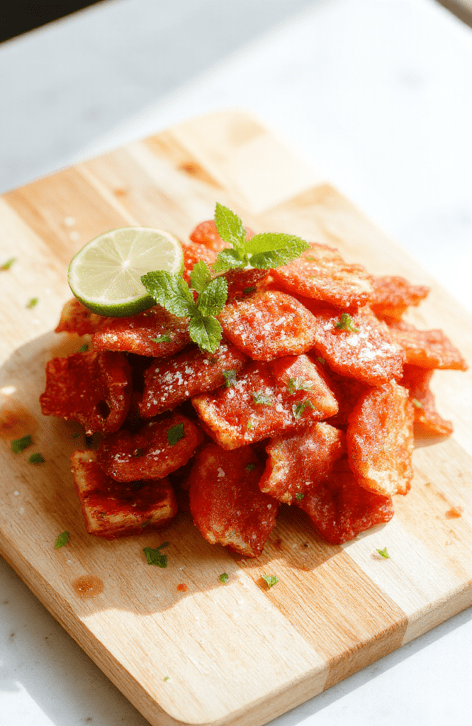 A close-up of crispy watermelon fries arranged on a white plate with a light dusting of flaky salt, pink flesh visible at the crisp edges, and fresh mint leaves. The fries rest on a pale wooden board under soft natural light, with a hint of lime and mint for a summery vibe.
