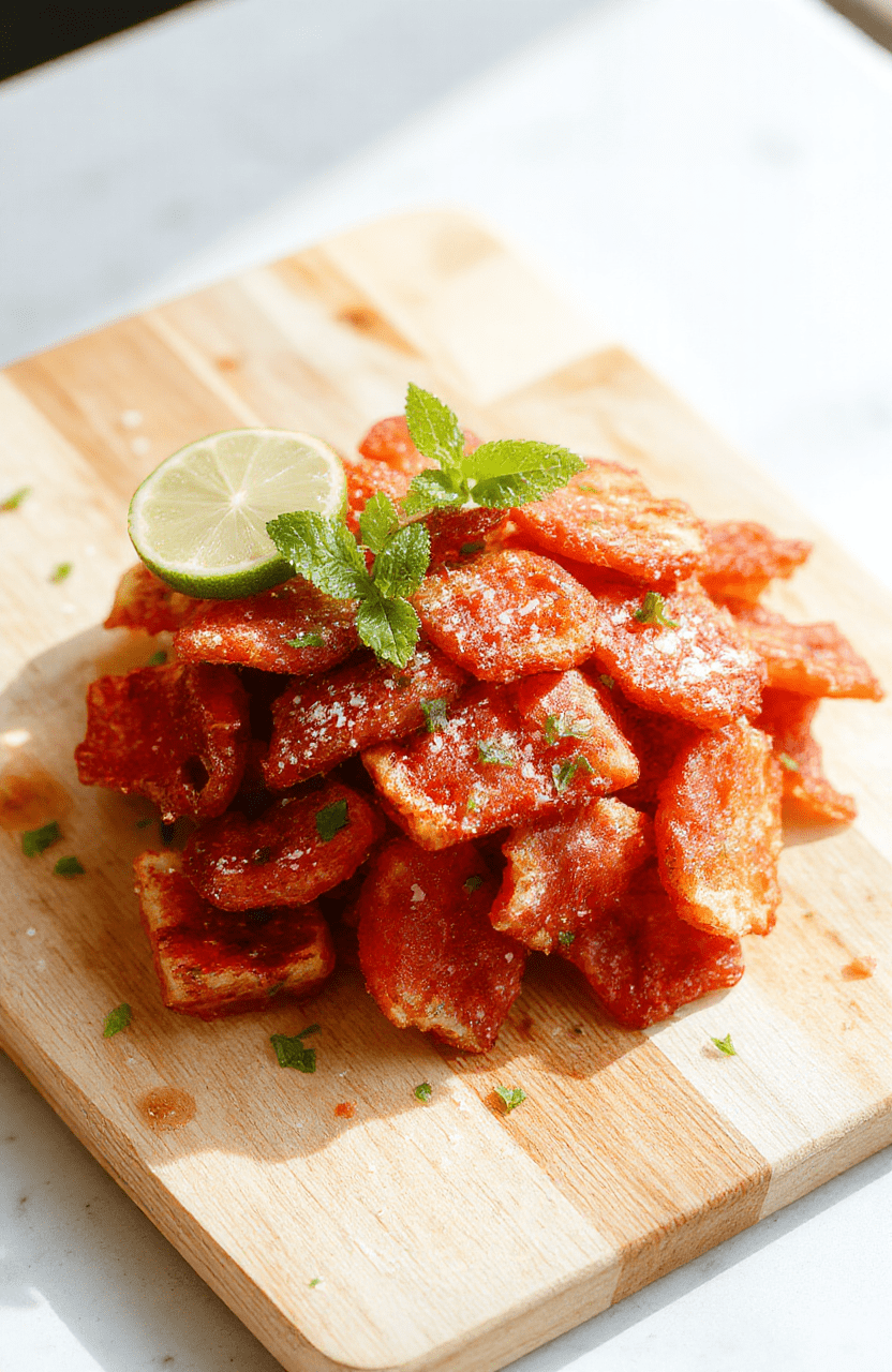 A close-up of crispy watermelon fries arranged on a white plate with a light dusting of flaky salt, pink flesh visible at the crisp edges, and fresh mint leaves. The fries rest on a pale wooden board under soft natural light, with a hint of lime and mint for a summery vibe.