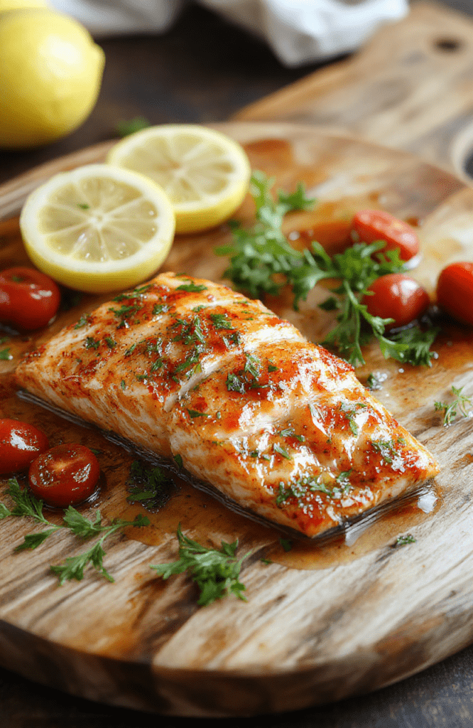 Two salmon fillets with a glossy lemon butter sauce in a skillet, lemon zest and juice glistening, cherry tomatoes and parsley around, crispy edges, vibrant greens, rustic plate