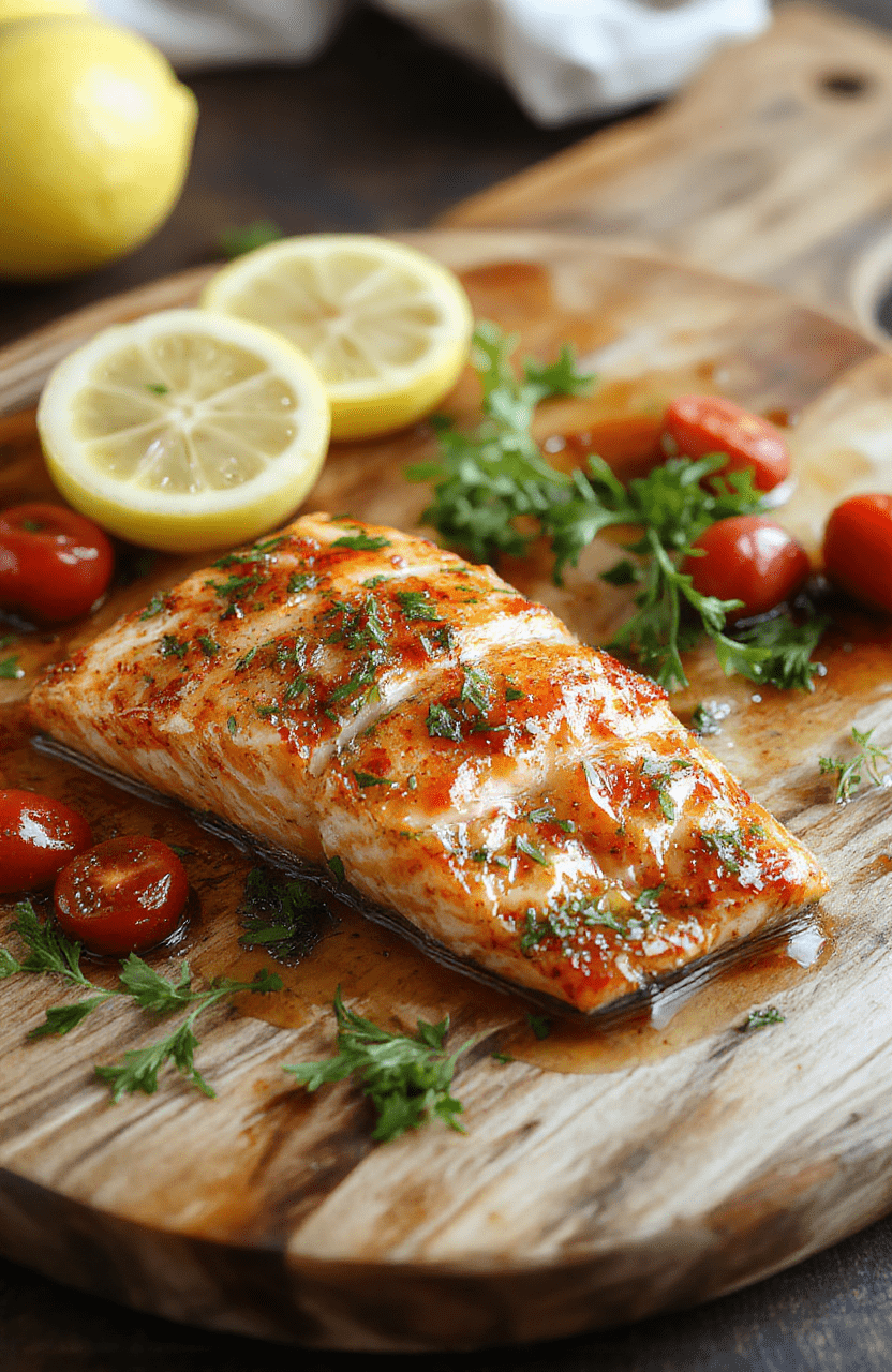 Two salmon fillets with a glossy lemon butter sauce in a skillet, lemon zest and juice glistening, cherry tomatoes and parsley around, crispy edges, vibrant greens, rustic plate