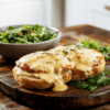 Golden-brown croque monsieur on a rustic plate with melty Gruyère, creamy béchamel oozing from between toasted brioche slices, a light sprinkle of black pepper, and a small side salad of arugula and shaved parmesan; the sandwich is caramelized at the edges, the plate is on a wooden table with warm ambient light.