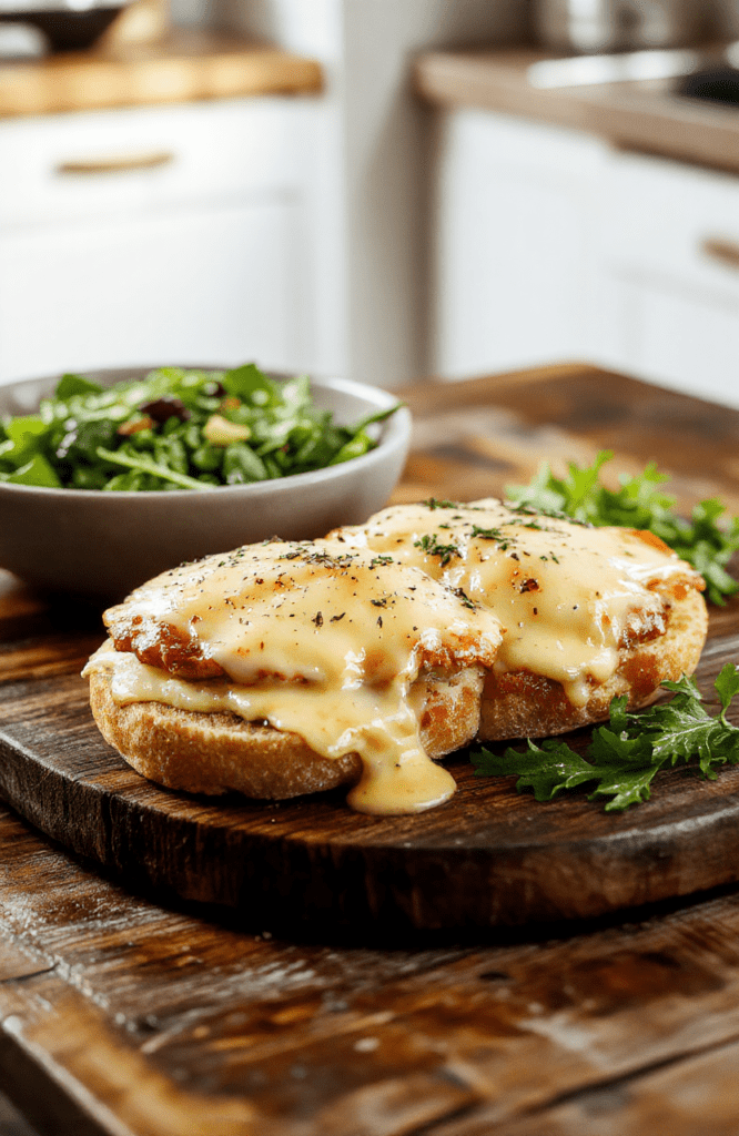 Golden-brown croque monsieur on a rustic plate with melty Gruyère, creamy béchamel oozing from between toasted brioche slices, a light sprinkle of black pepper, and a small side salad of arugula and shaved parmesan; the sandwich is caramelized at the edges, the plate is on a wooden table with warm ambient light.