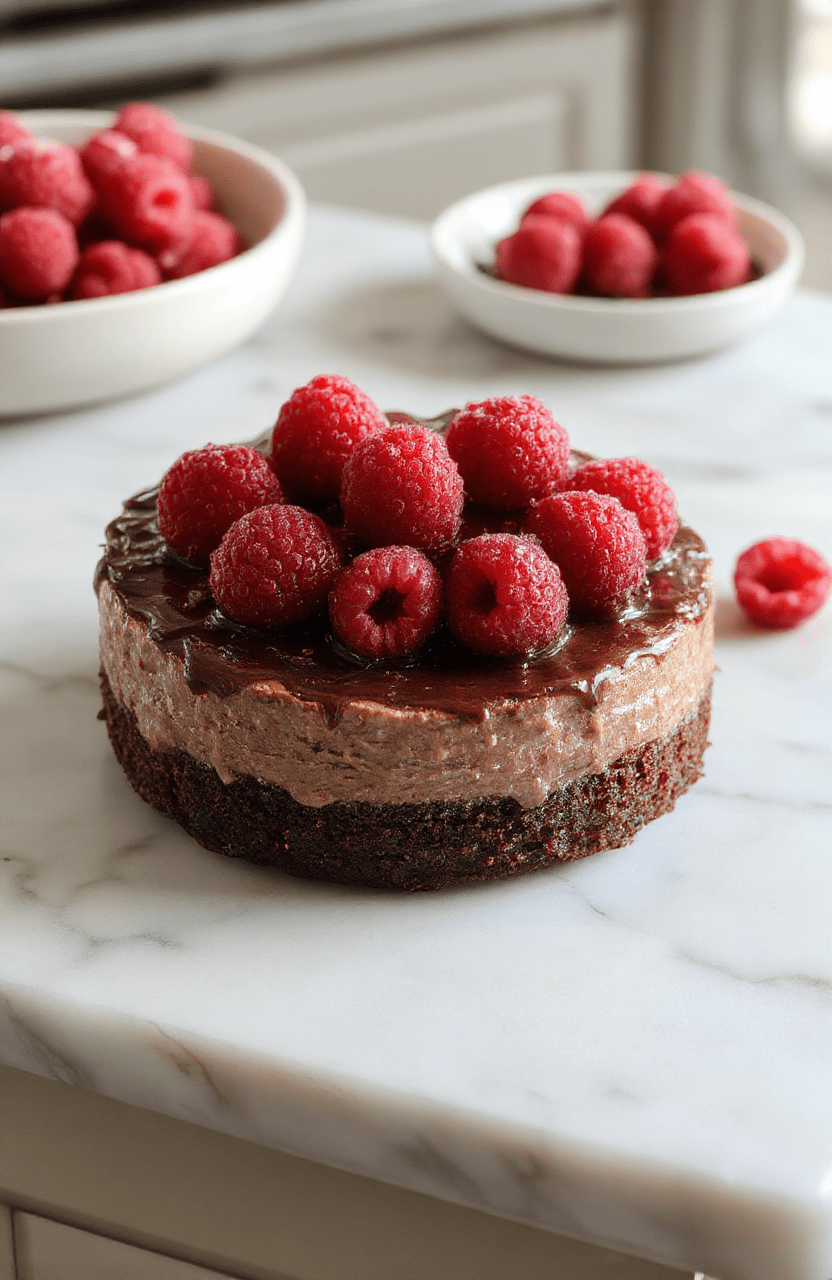 A decadent dark chocolate raspberry mousse cake on a white plate, glossy ganache topping, fresh raspberries, and a dusting of cocoa. Layered slices reveal a dark chocolate cake base and a silky raspberry mousse, styled on a neutral placemat with subtle speckled surface.