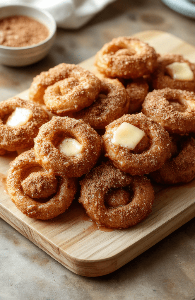 Golden-brown air fryer cinnamon twists on a light wooden board, brushed with melted butter and cinnamon sugar glaze, with a light dusting of powdered sugar. The twists are flaky, crisp on the outside, tender inside, and styled simply for a warm, homey breakfast or snack look.