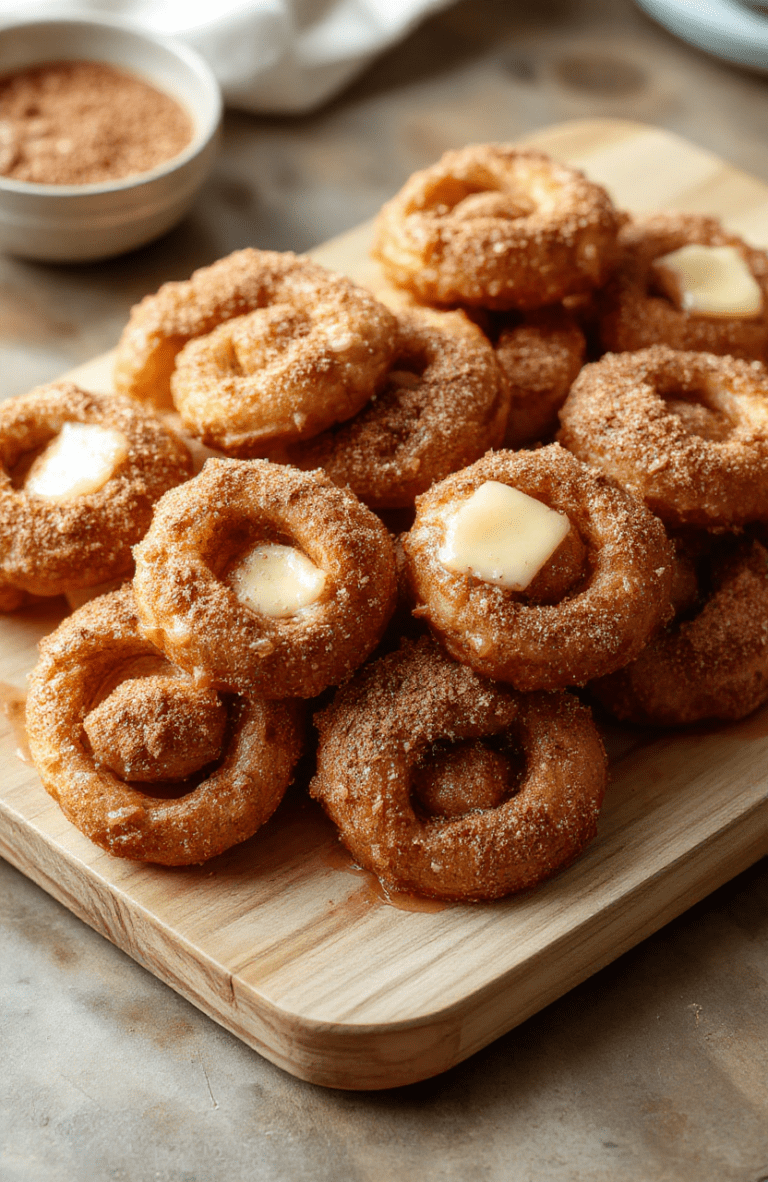 Golden-brown air fryer cinnamon twists on a light wooden board, brushed with melted butter and cinnamon sugar glaze, with a light dusting of powdered sugar. The twists are flaky, crisp on the outside, tender inside, and styled simply for a warm, homey breakfast or snack look.