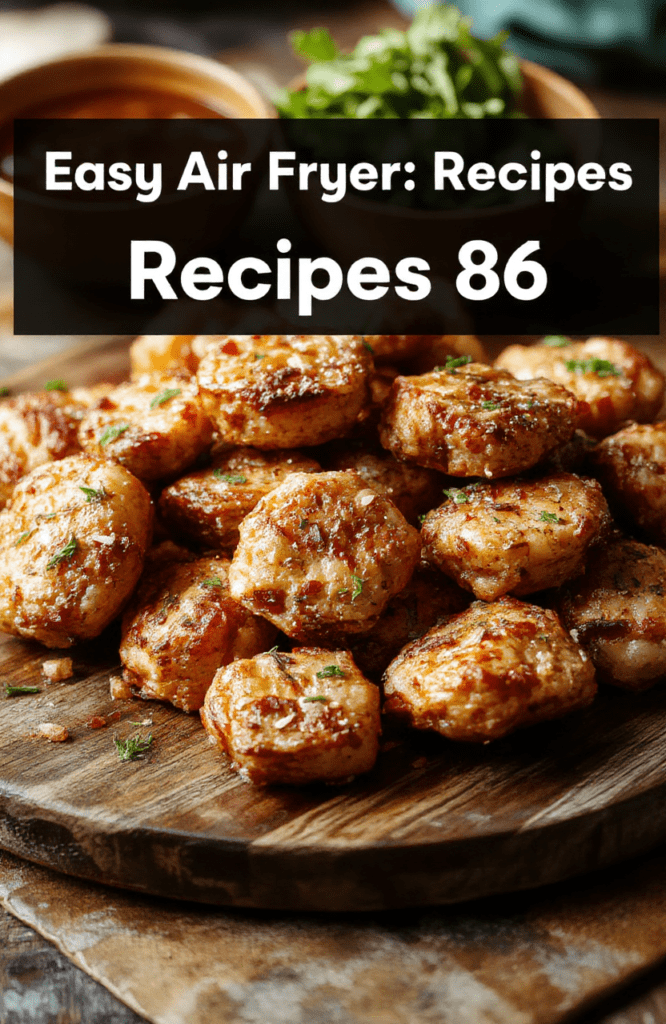Golden, crispy air fryer bites on a light wooden board with lemon wedges and dipping sauce, sprinkled with fresh herbs; bright, appetizing, and family-friendly.