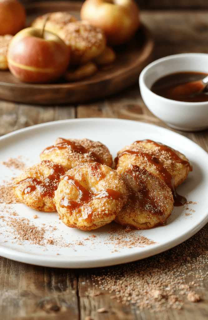 Golden brown apple fritter bites on a white plate dusted with cinnamon sugar, small apple pieces visible in a fluffy batter, a light maple glaze drizzle, warm autumn lighting on a rustic wooden board.