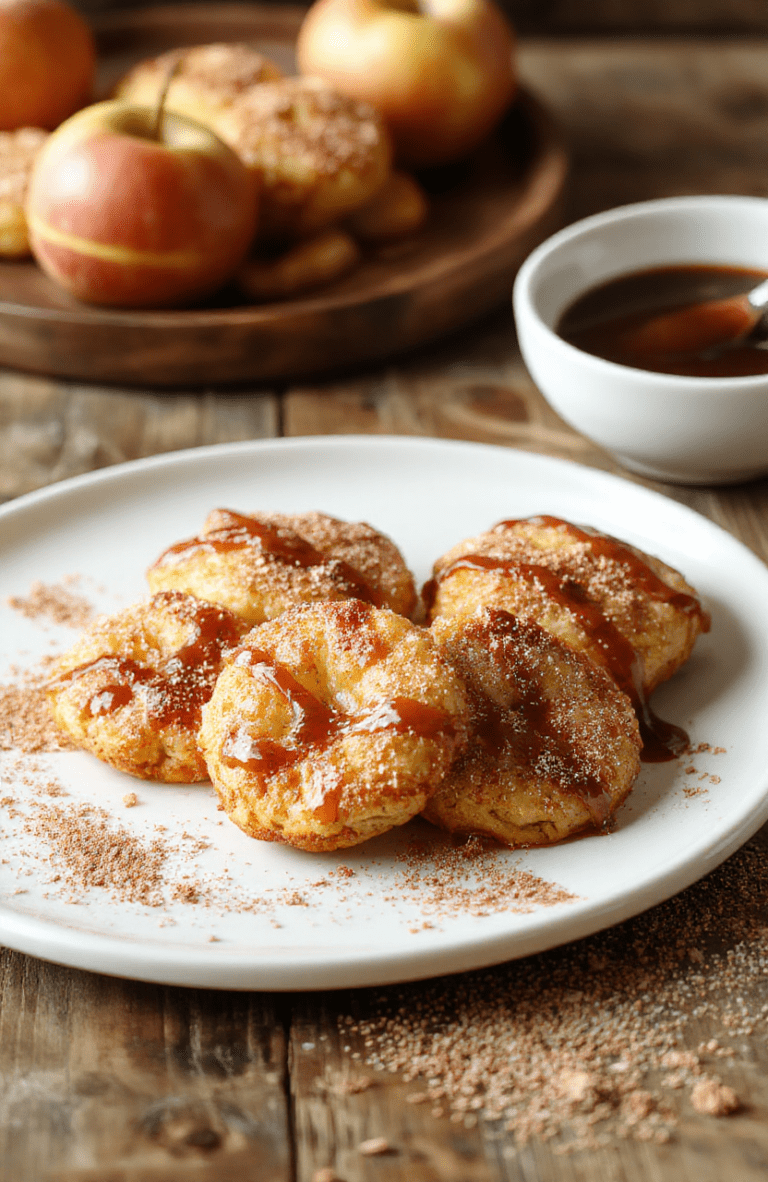 Golden brown apple fritter bites on a white plate dusted with cinnamon sugar, small apple pieces visible in a fluffy batter, a light maple glaze drizzle, warm autumn lighting on a rustic wooden board.