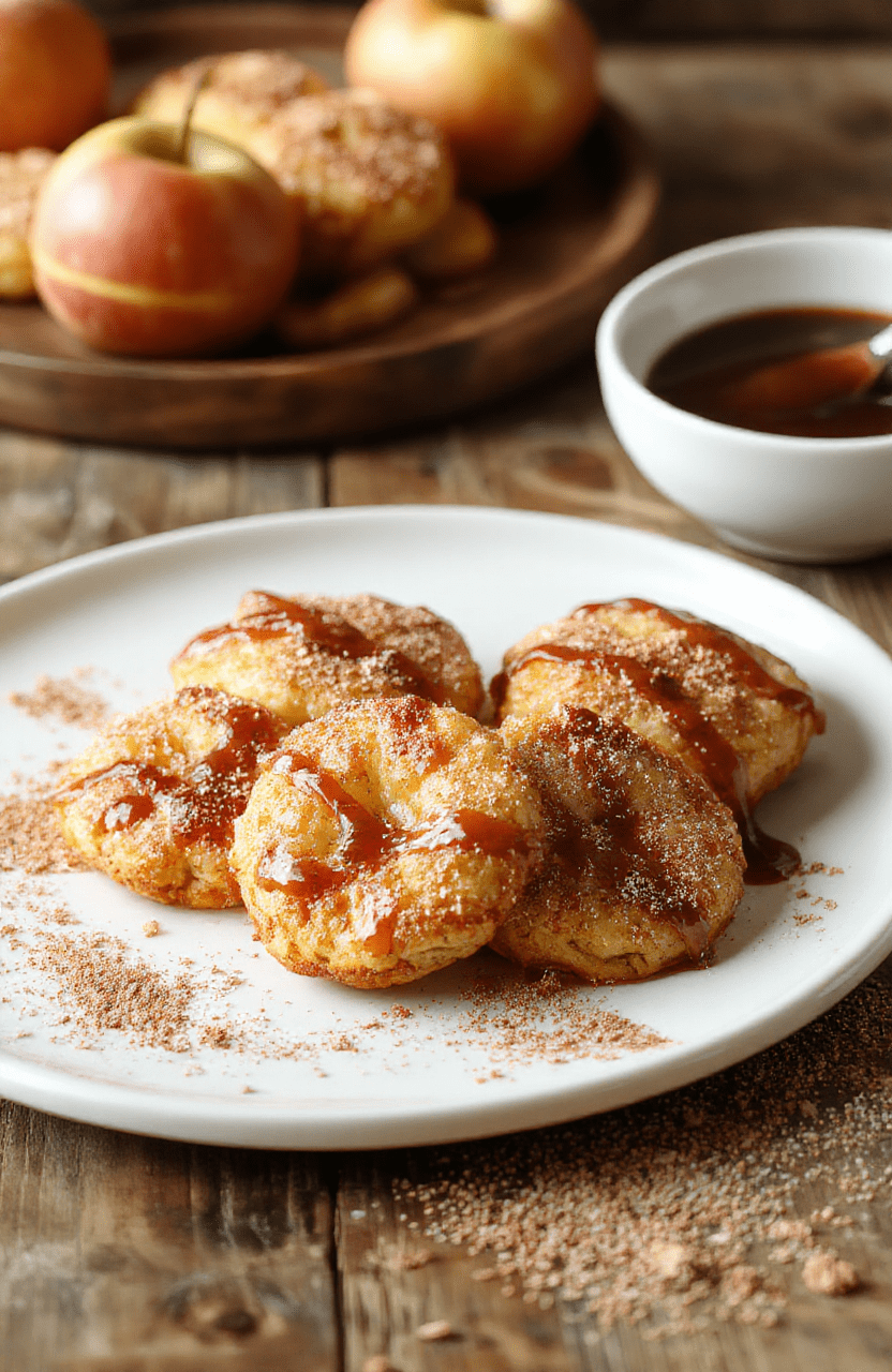 Golden brown apple fritter bites on a white plate dusted with cinnamon sugar, small apple pieces visible in a fluffy batter, a light maple glaze drizzle, warm autumn lighting on a rustic wooden board.
