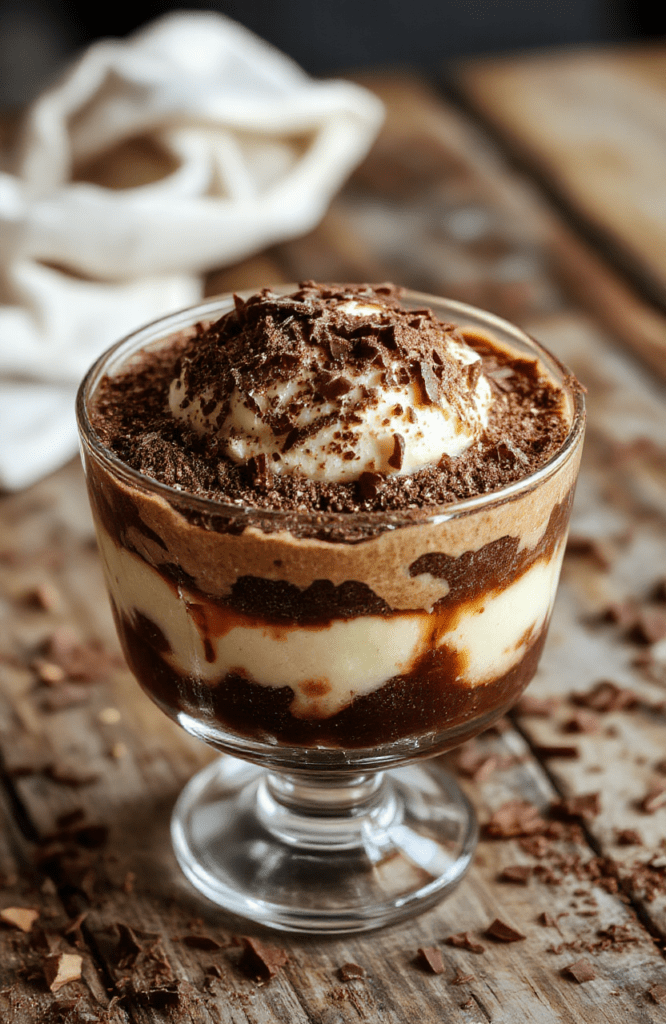 A layered tiramisu in a clear glass dish shows distinct coffee-soaked ladyfingers alternating with fluffy mascarpone cream, dusted generously with cocoa powder and topped with chocolate shavings; a light dusting of cocoa around the dish, soft natural daylight, and a rustic wooden surface.