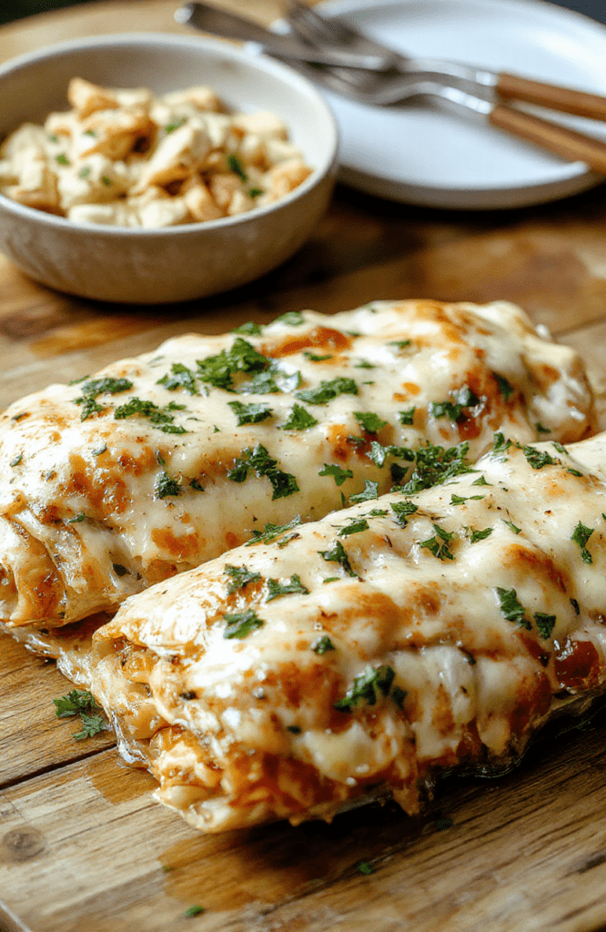 A plated serving of Easy Chicken Enchiladas on a white dish, rolled corn tortillas filled with tender chicken and melty cheese, spoon of enchilada sauce, a dusting of cilantro, lime wedges, and a sprinkle of red onions on a rustic wooden board with a warm kitchen backdrop.