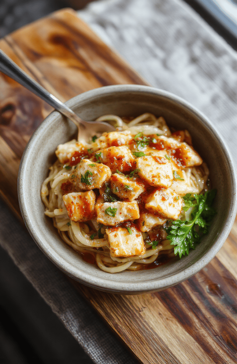 A glossy bowl of chicken teriyaki noodles topped with sliced chicken, broccoli, and red peppers, sesame seeds, and chopped green onions on a white plate. The noodles are coated in a shiny caramelized glaze, with a few sesame seeds scattered for texture. The scene sits on a light wooden table with soft, warm lighting and a clean, modern plating style.