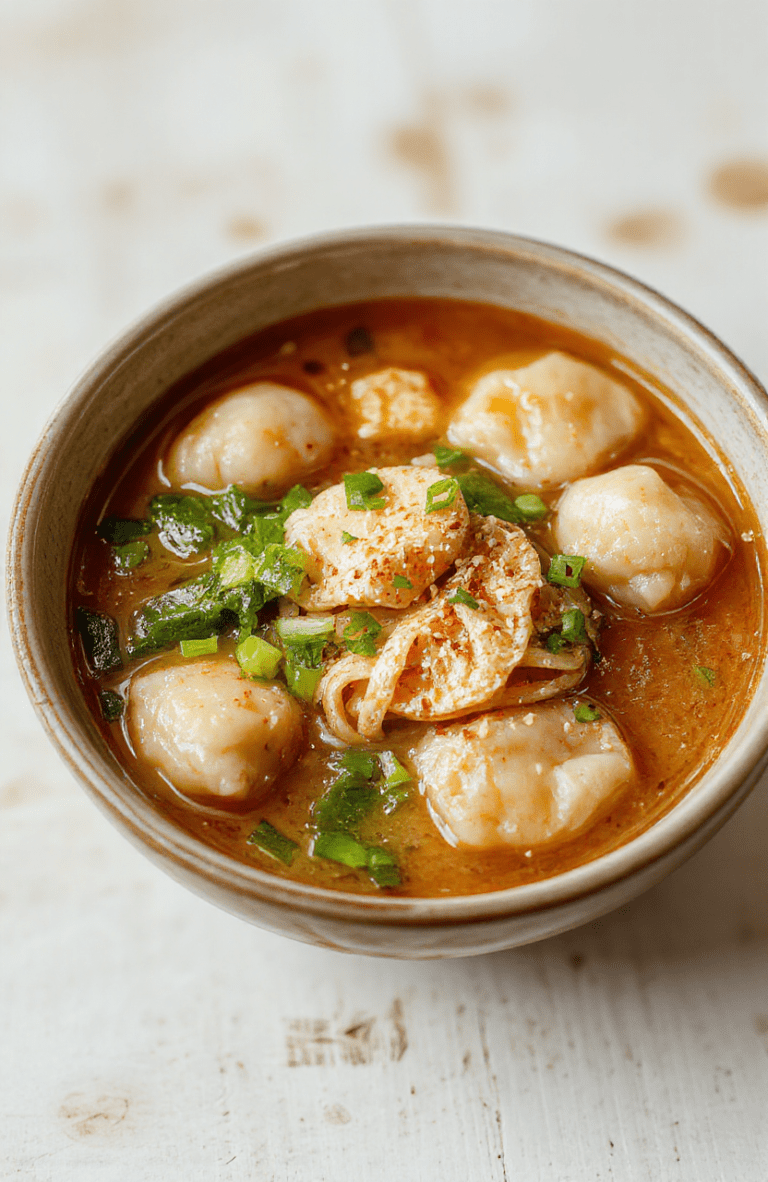 A steaming bowl of dumpling ramen sits on a light wooden table. Plump dumplings float in a rich amber broth with wavy noodles visible beneath. Topped with sliced green onions, sesame seeds, and a halved soft-boiled egg, the bowl is bright and appetizing. A pair of chopsticks rests across the rim, with a subtle drizzle of sesame oil catching the light, creating a cozy, comforting scene.