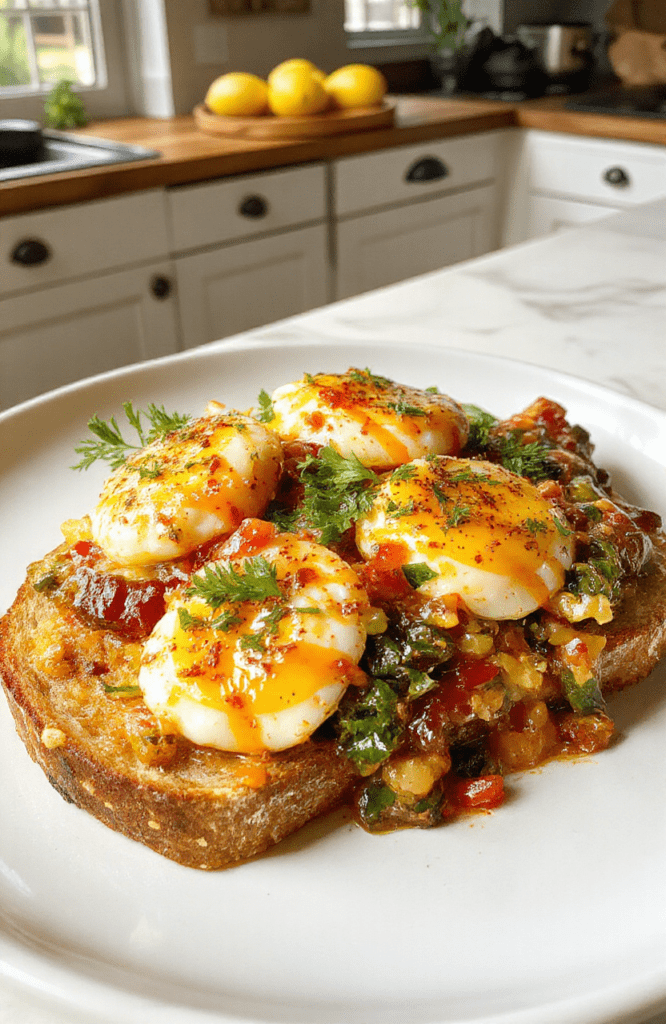 A bright plate of fluffy scrambled eggs with melted cheese, mixed with colorful peppers, spinach, and cherry tomatoes. Served with avocado and toasted bread on a white plate, the vibrant yellows, greens, and reds pop against a rustic wooden board.