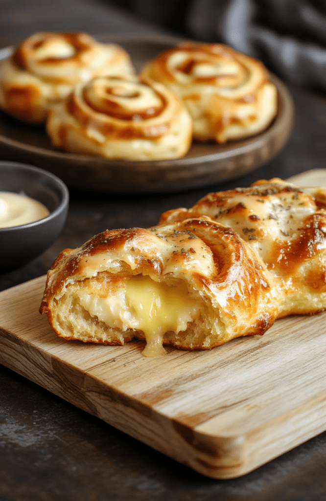 Golden flaky cheese Danish pastries with a creamy cheese filling, dusted with powdered sugar, on a light wooden board; crispy edges, glossy filling visible in the center, soft natural light.