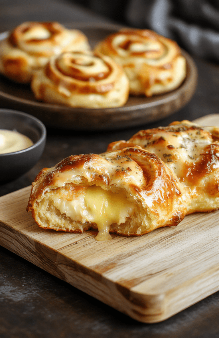 Golden flaky cheese Danish pastries with a creamy cheese filling, dusted with powdered sugar, on a light wooden board; crispy edges, glossy filling visible in the center, soft natural light.