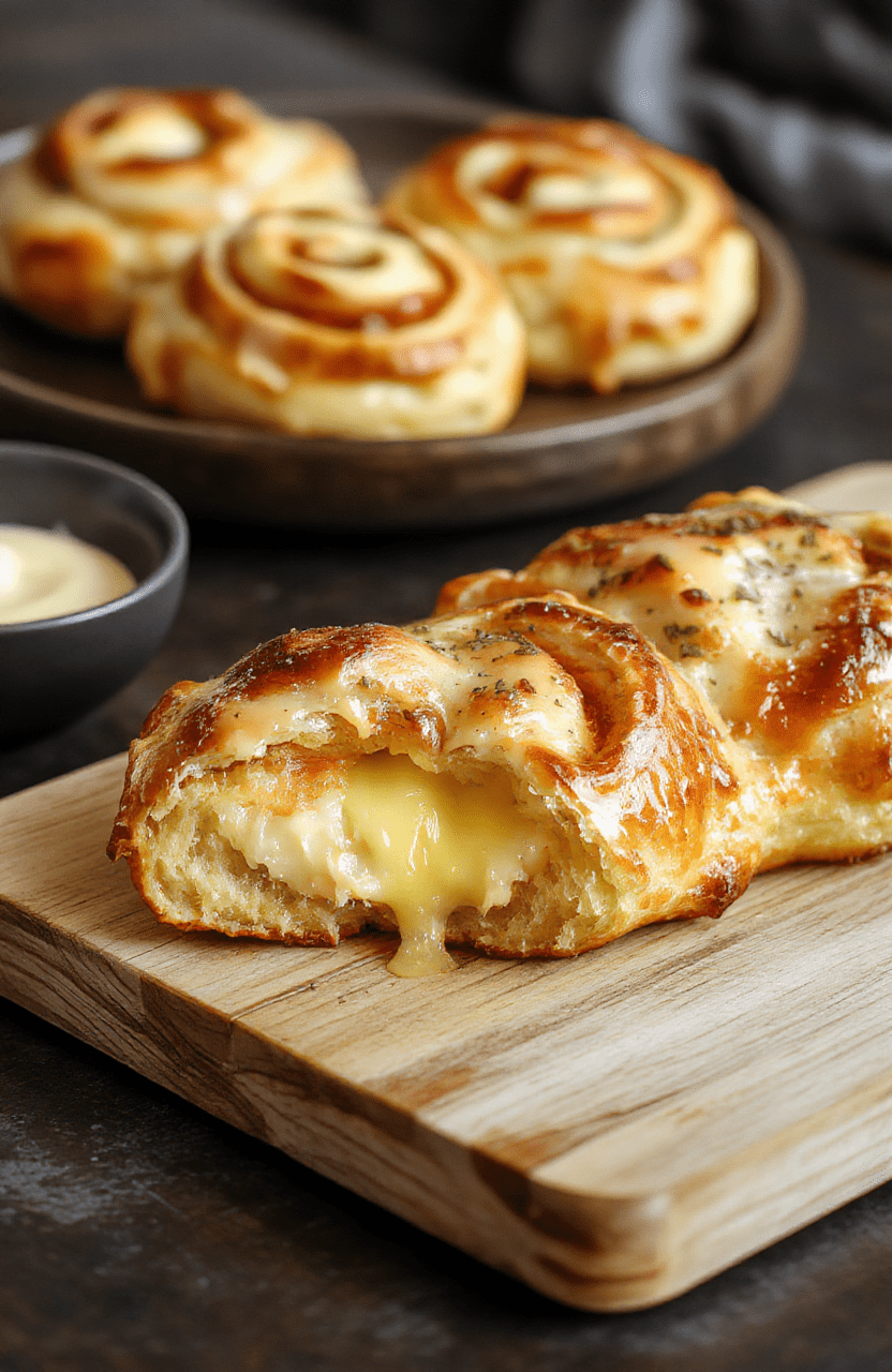 Golden flaky cheese Danish pastries with a creamy cheese filling, dusted with powdered sugar, on a light wooden board; crispy edges, glossy filling visible in the center, soft natural light.
