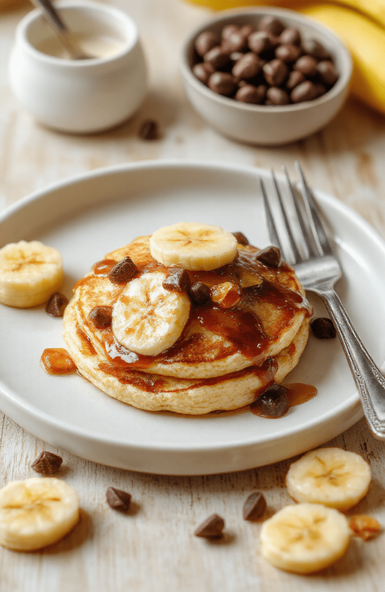 A stack of golden fluffy mini banana pancakes on a white plate with maple syrup drizzle, sliced bananas, fresh berries, a sprig of mint, and a light dusting of cinnamon on a clean wooden table bathed in warm morning light.