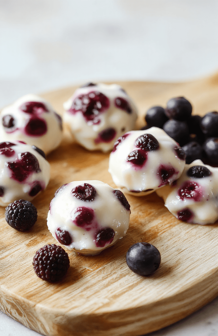 Bright white plate filled with twelve frozen blueberry yogurt bites, each swirled with creamy yogurt and dotted with blueberries. The bites rest on a pale wooden board with a few fresh blueberries and a light mint leaf for garnish. The surface is clean and airy, with soft natural light highlighting the smooth texture and blueberry specks inside the bites.