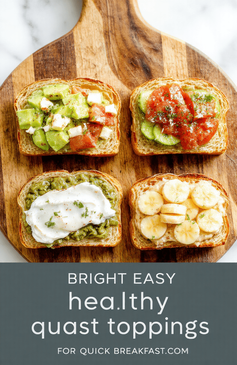 Four open-faced toast slices arranged on a light wood board. One features avocado lemon mash, another is tomato and feta, a third is hummus with cucumber slices, and the fourth is ricotta with banana drizzle. Fresh herbs, olive oil drizzle, sea salt, and cracked pepper add color and texture to a bright, healthy breakfast display.