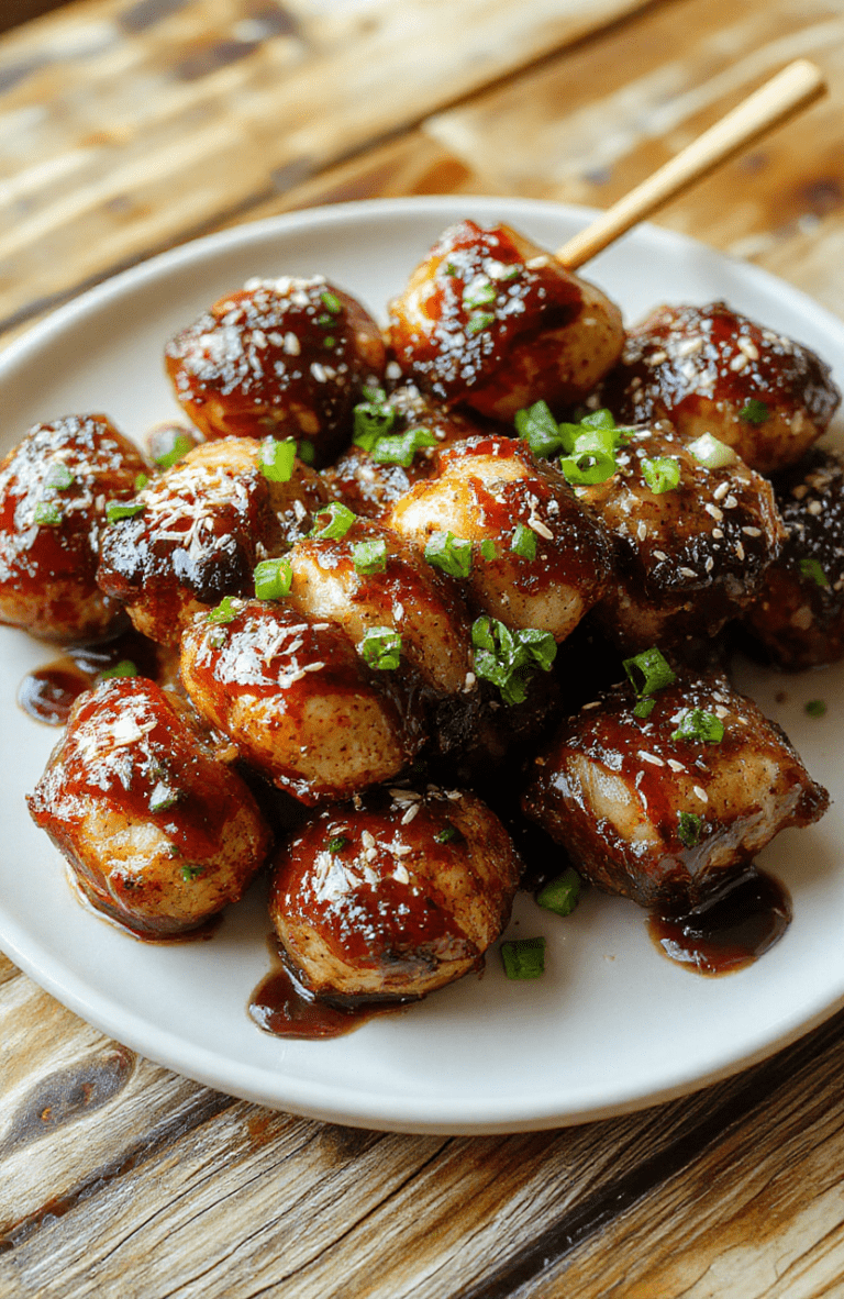 A plate of glossy yakitori skewers glazed with a caramelized sauce, sesame seeds sprinkled on top, and sliced green onions, plated on a clean white plate on a warm wooden board with a small dipping bowl in the background.