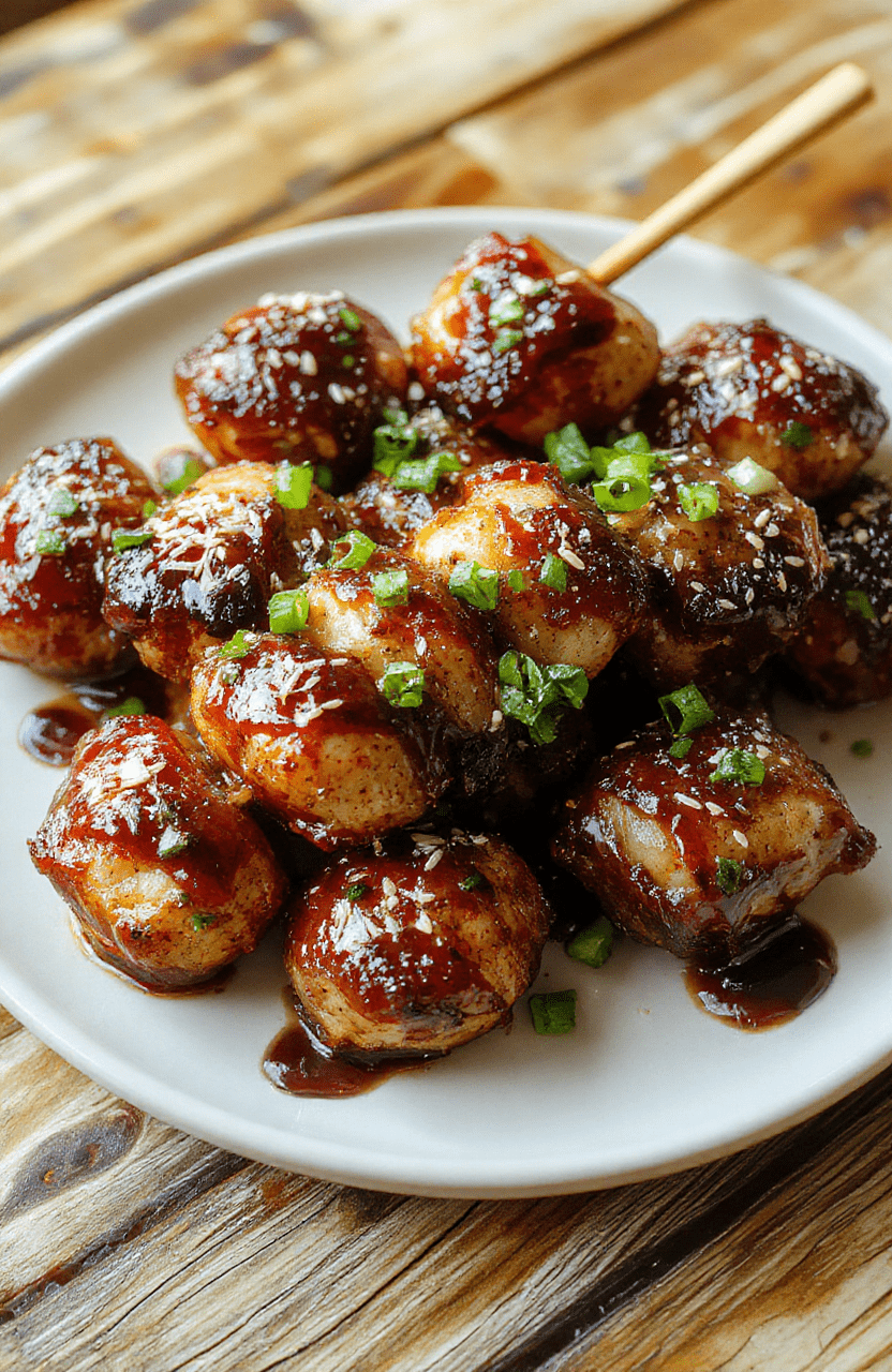 A plate of glossy yakitori skewers glazed with a caramelized sauce, sesame seeds sprinkled on top, and sliced green onions, plated on a clean white plate on a warm wooden board with a small dipping bowl in the background.