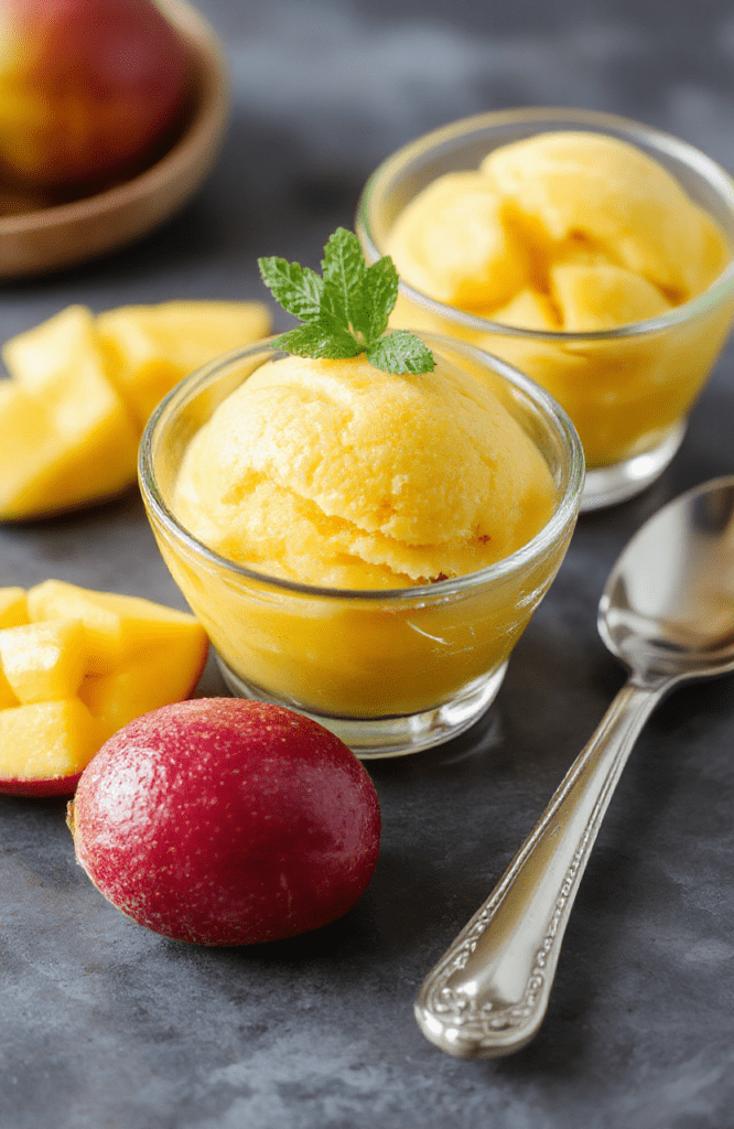 Bright golden-orange mango sorbet in a white ceramic bowl, garnished with fresh mango slices and mint leaves, served on a rustic wooden table with soft natural daylight and subtle shadows