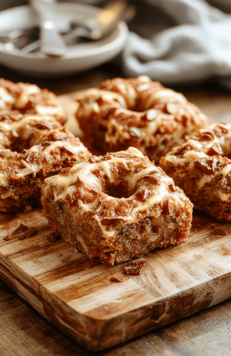 Golden brown maple donut bars arranged on a warm ceramic plate, glaze glossy and slightly translucent, cinnamon dusting around, atop a rustic wooden board with autumn leaves in the background, cozy fall vibes, soft natural light, close-up