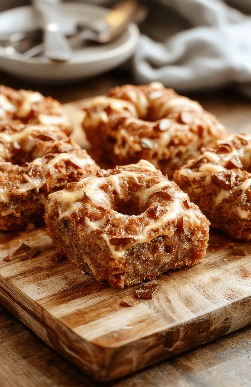 Golden brown maple donut bars arranged on a warm ceramic plate, glaze glossy and slightly translucent, cinnamon dusting around, atop a rustic wooden board with autumn leaves in the background, cozy fall vibes, soft natural light, close-up