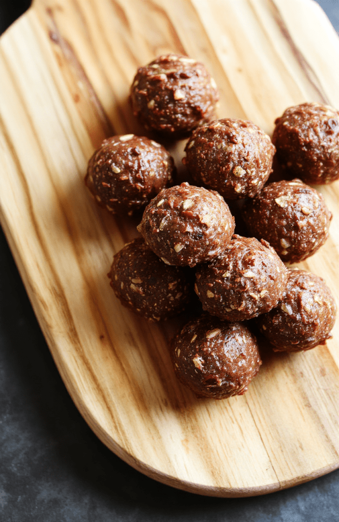 A bowl of no-bake protein balls on a light wooden board, creamy peanut butter coating visible, oats and chia seeds speckled, and a drizzle of honey. Plated with a small mint leaf and a sprinkle of cocoa powder for contrast; natural textures, warm light, and a clean, minimalist backdrop.