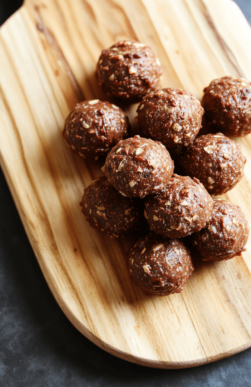 A bowl of no-bake protein balls on a light wooden board, creamy peanut butter coating visible, oats and chia seeds speckled, and a drizzle of honey. Plated with a small mint leaf and a sprinkle of cocoa powder for contrast; natural textures, warm light, and a clean, minimalist backdrop.