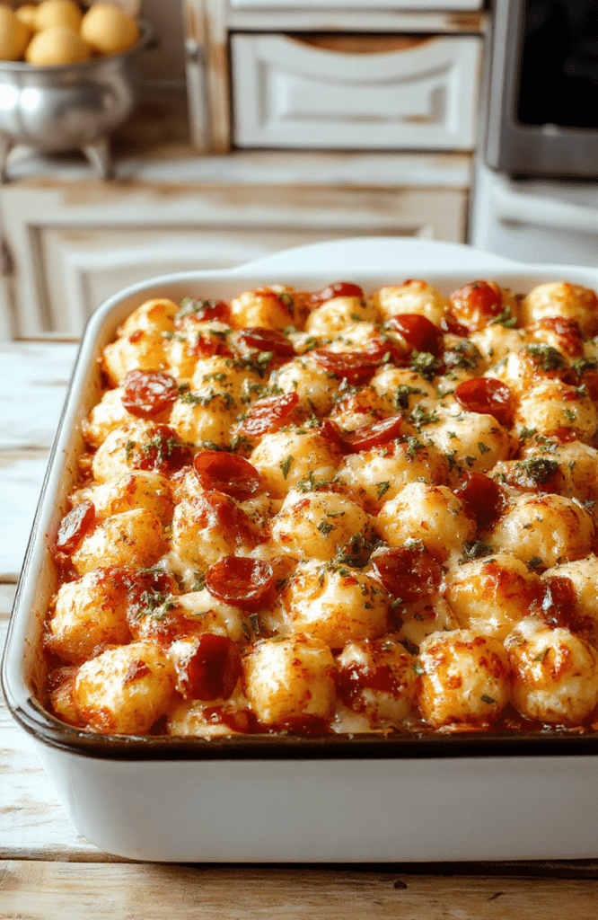 Golden bubbly pizza tot casserole in a square baking dish with crispy tots, melted mozzarella, pepperoni circles, and colorful diced peppers. A sprig of basil adds color on top, with marinara visible beneath the tots and a lightly browned crust around the edges; the dish sits on a rustic wooden table with a slice plated to reveal gooey cheese and crispy edges.