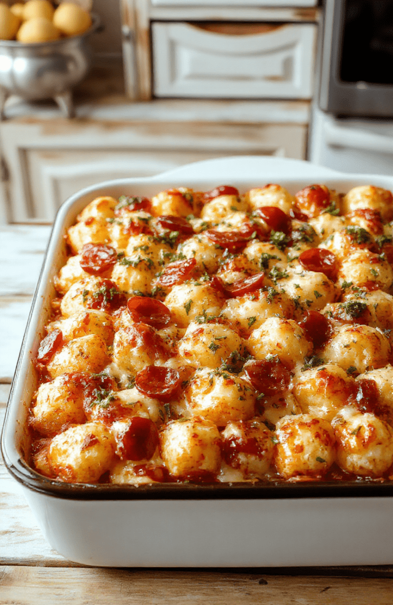 Golden bubbly pizza tot casserole in a square baking dish with crispy tots, melted mozzarella, pepperoni circles, and colorful diced peppers. A sprig of basil adds color on top, with marinara visible beneath the tots and a lightly browned crust around the edges; the dish sits on a rustic wooden table with a slice plated to reveal gooey cheese and crispy edges.