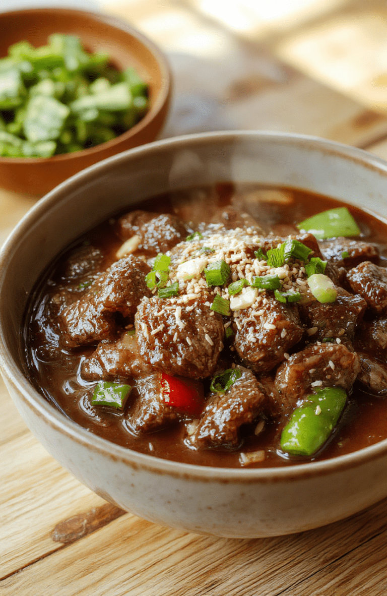 A steaming bowl of glossy sticky beef noodles with tender beef, chewy noodles, red bell pepper, and snap peas, sprinkled with sesame seeds and scallions on a warm wooden table.