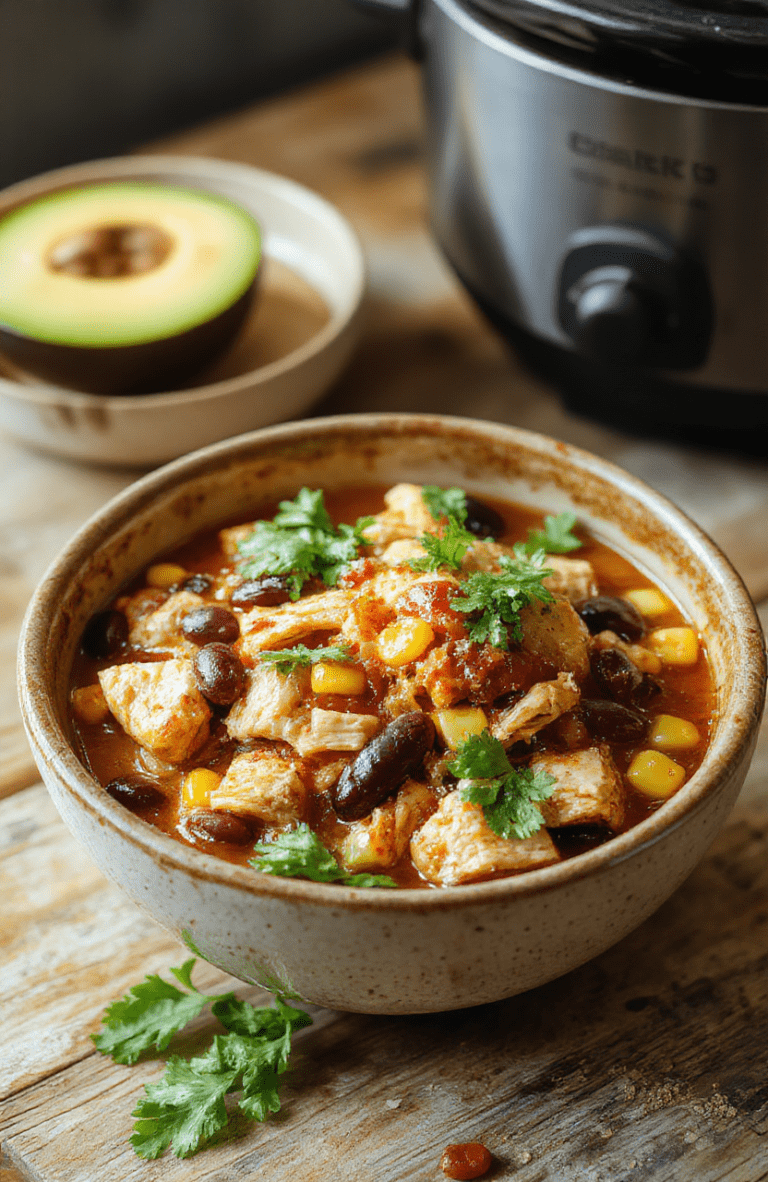 Close-up of a hearty slow cooker dump dinner in a rustic ceramic bowl on a warm wooden table. Shredded chicken in a thick tomato sauce with black beans and corn, garnished with cilantro and a lime wedge. The scene highlights chunky textures, bright colors, and cozy kitchen vibes.
