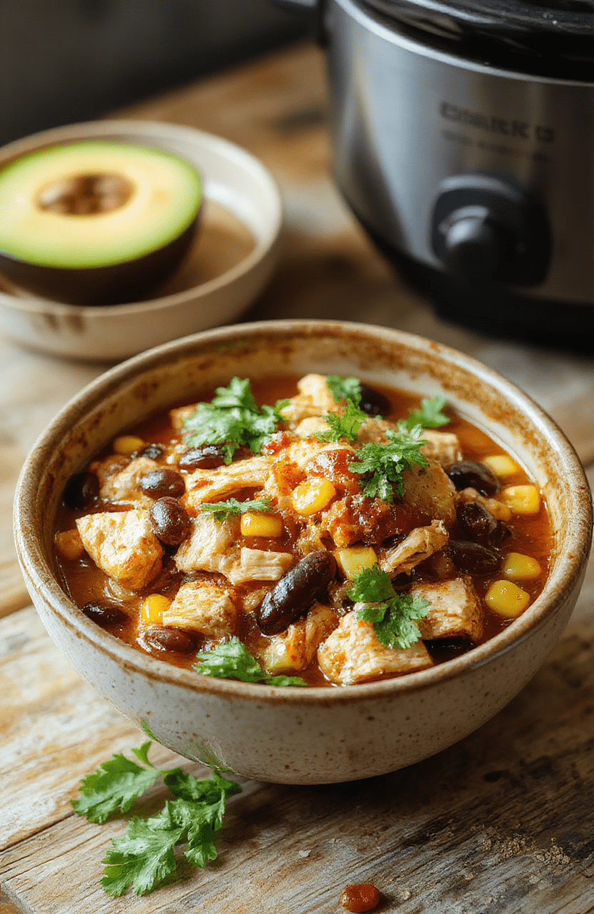Close-up of a hearty slow cooker dump dinner in a rustic ceramic bowl on a warm wooden table. Shredded chicken in a thick tomato sauce with black beans and corn, garnished with cilantro and a lime wedge. The scene highlights chunky textures, bright colors, and cozy kitchen vibes.