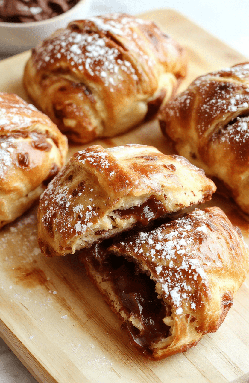 Close-up of a golden flaky croissant sliced open to reveal a glossy dark chocolate center, resting on a light wooden board with a dusting of powdered sugar and a small smear of chocolate on the side; background softly blurred, natural daylight, rustic breakfast setting.