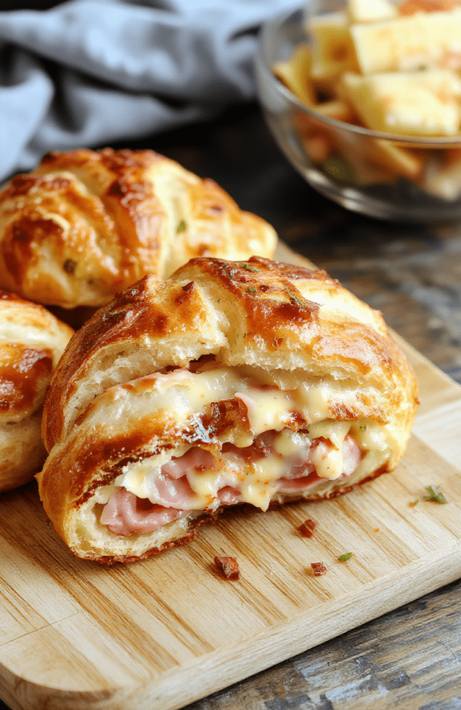 Two golden-brown, flaky croissants cut in half vertically, filled with melted Gruyère cheese and sliced deli ham, rest on a clean white ceramic plate with a few rosemary sprigs nearby and a light dusting of powdered sugar on top.