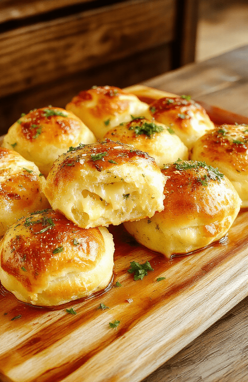 Golden-brown fluffy garlic rolls with a cheese-filled center, brushed with garlic butter and parsley, arranged on a rustic wooden board, steam rising, inviting and cozy.