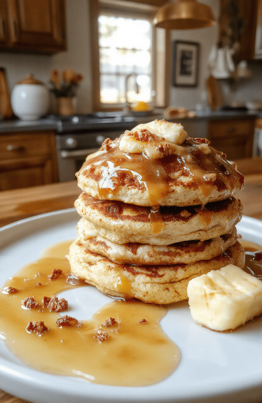 A tall stack of fluffy cinnamon roll pancakes on a white plate, ribbons of cinnamon swirl, maple glaze glistening, vegan butter dotting the plate, warm amber lighting, rustic wooden table background, cozy kitchen vibe, close-up showing pillowy texture and cinnamon specks.