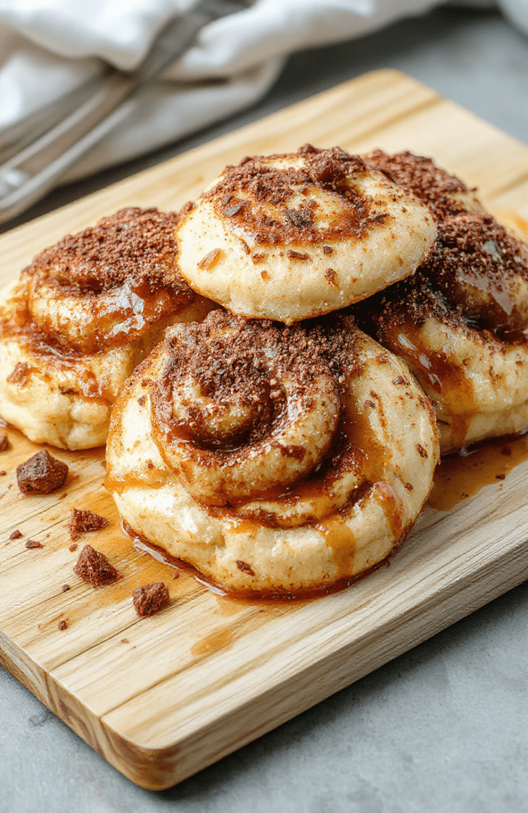 Stack of golden-brown, extra-fluffy pancakes drizzled with cinnamon-sugar syrup and topped with a swirl of cream cheese frosting, fresh blueberries, and finely chopped pecans on a rustic wooden board, with soft natural light and light steam rising.