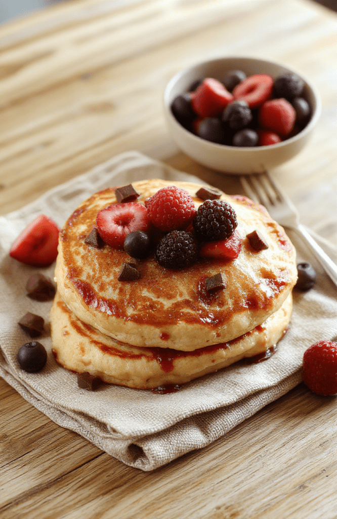 Fluffy high-protein pancake bowls served in a rustic ceramic bowl, topped with a mix of fresh blueberries, sliced strawberries, and a drizzle of maple syrup, with a dollop of Greek yogurt and a sprinkle of chia seeds, captured in natural morning light with soft shadows and a shallow depth of field background of a wooden table.
