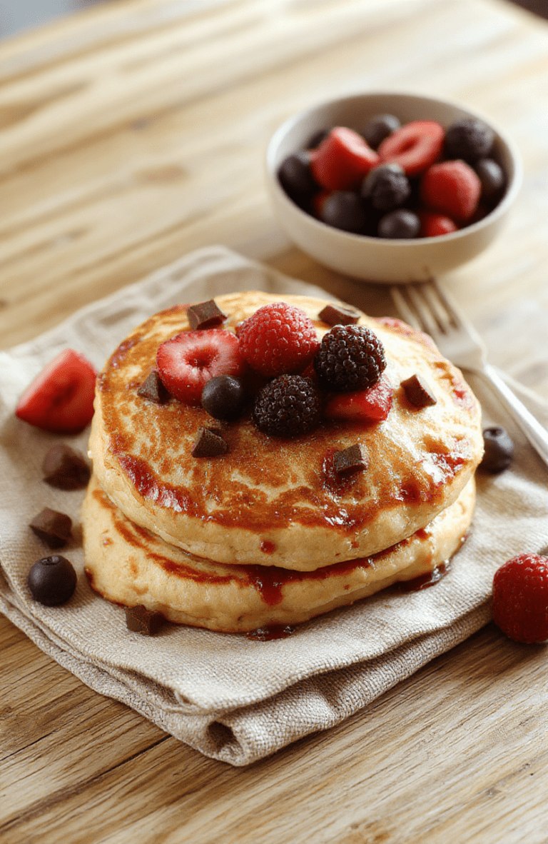 Fluffy high-protein pancake bowls served in a rustic ceramic bowl, topped with a mix of fresh blueberries, sliced strawberries, and a drizzle of maple syrup, with a dollop of Greek yogurt and a sprinkle of chia seeds, captured in natural morning light with soft shadows and a shallow depth of field background of a wooden table.