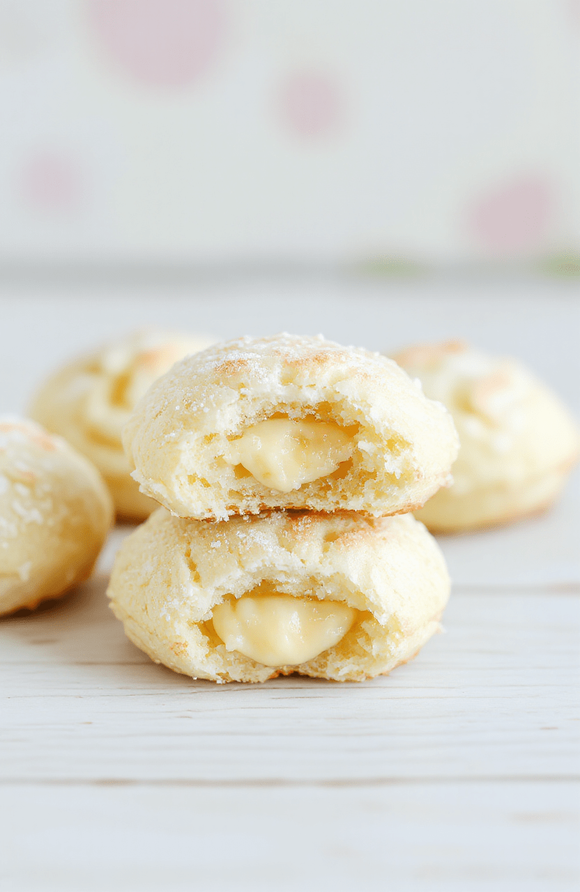 Close-up of fluffy vanilla sponge Twinkies filled with a creamy vanilla center, sliced open to show the smooth filling, dusted with powdered sugar, and arranged on a wooden board with light crumbs and a soft pastel backdrop.