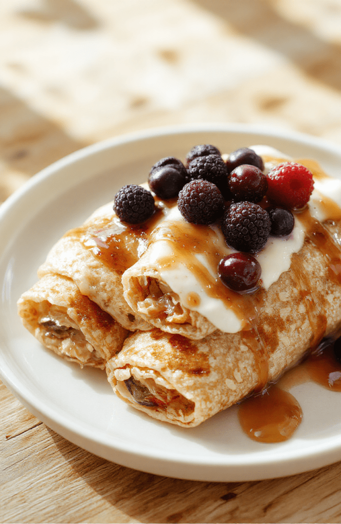 Golden, fluffy oatmeal crepes rolled around fresh berries and yogurt, draped with maple syrup, dusted with cinnamon, served on a light wooden board with a small jar of berries and a fork, bright natural light and soft shadows.