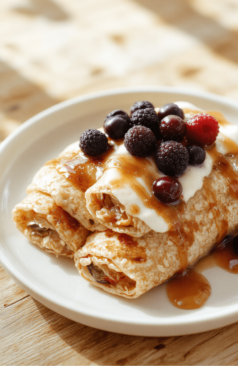 Golden, fluffy oatmeal crepes rolled around fresh berries and yogurt, draped with maple syrup, dusted with cinnamon, served on a light wooden board with a small jar of berries and a fork, bright natural light and soft shadows.