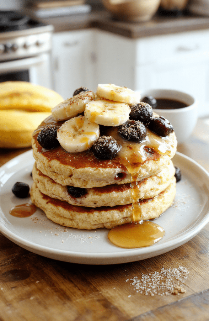 Stack of fluffy oat pancakes on a light ceramic plate, golden brown edges, topped with fresh berries and a drizzle of maple syrup. A small bowl of yogurt and sliced banana sit beside, cinnamon dusting adds warmth, on a warm wood table with natural daylight highlighting the airy texture.