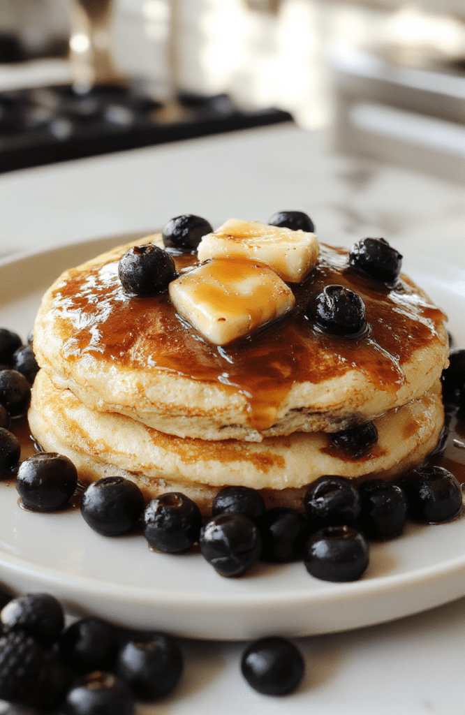 Golden fluffy pancakes stacked on a small white plate with a pat of butter melting, maple syrup glistening, and fresh blueberries scattered beside. The edges are crisp, the centers soft and airy, set on a light wood table with a warm, cozy kitchen backdrop.