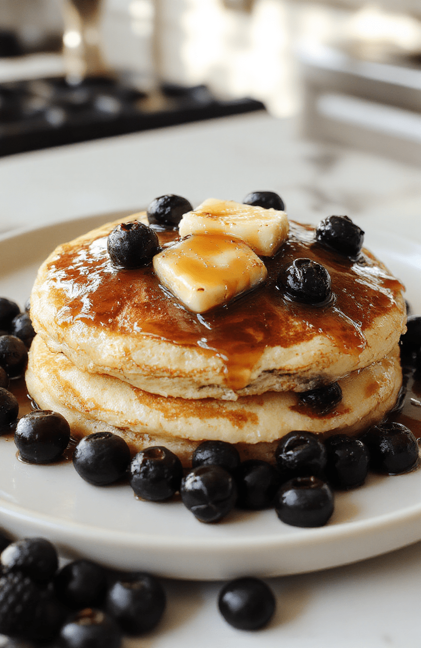 Golden fluffy pancakes stacked on a small white plate with a pat of butter melting, maple syrup glistening, and fresh blueberries scattered beside. The edges are crisp, the centers soft and airy, set on a light wood table with a warm, cozy kitchen backdrop.